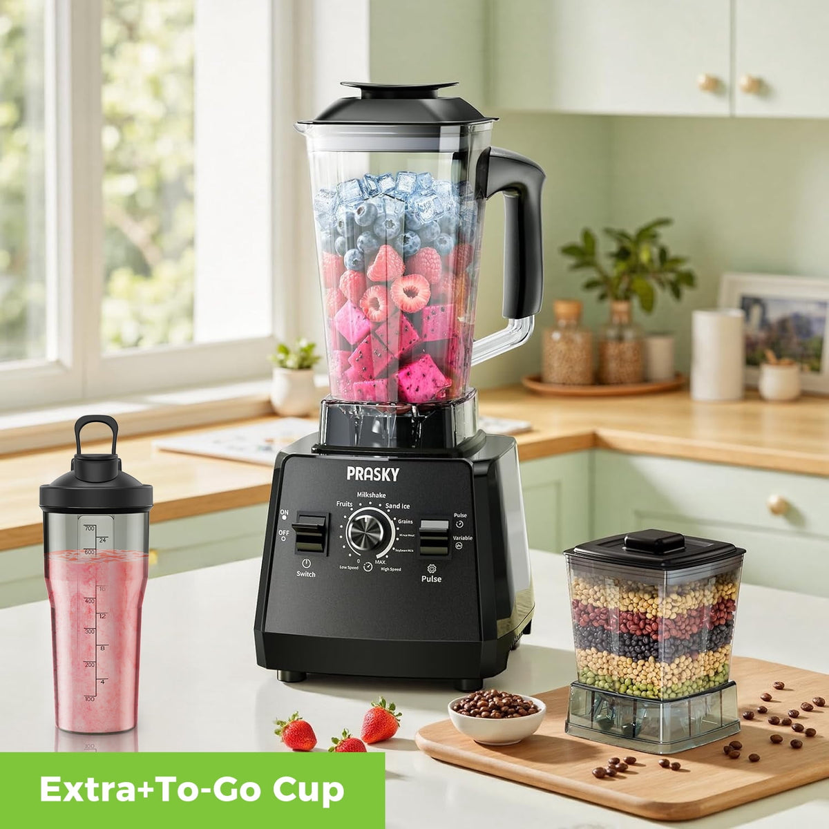 PRASKY Countertop Blender, 2-in-1 Professional Blender, 68oz Capacity 1000W 6 Speeds Blender for Kitchen with 25oz to-go Cup (Black)