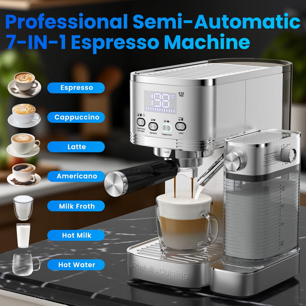 URintells Cuising Espresso Machine, 20 Bar Cappuccino & Latte Machine with Built-In Milk Frother, 1350W, Stainless Steel