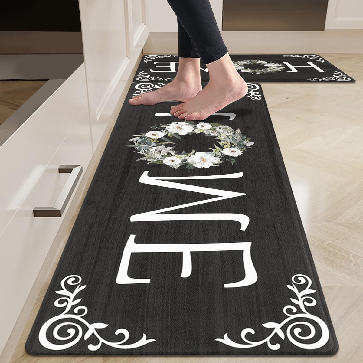 Findosom 2pcs Anti Fatigue Kitchen Rug Set,18"x30"+18"x47" Waterproof Non Slip Kitchen Runner Rug,0.4" Thick Cushioned Kitchen Floor Mats,Ergonomic Standing Mats Back Pain Relief Laundry Foam Rug