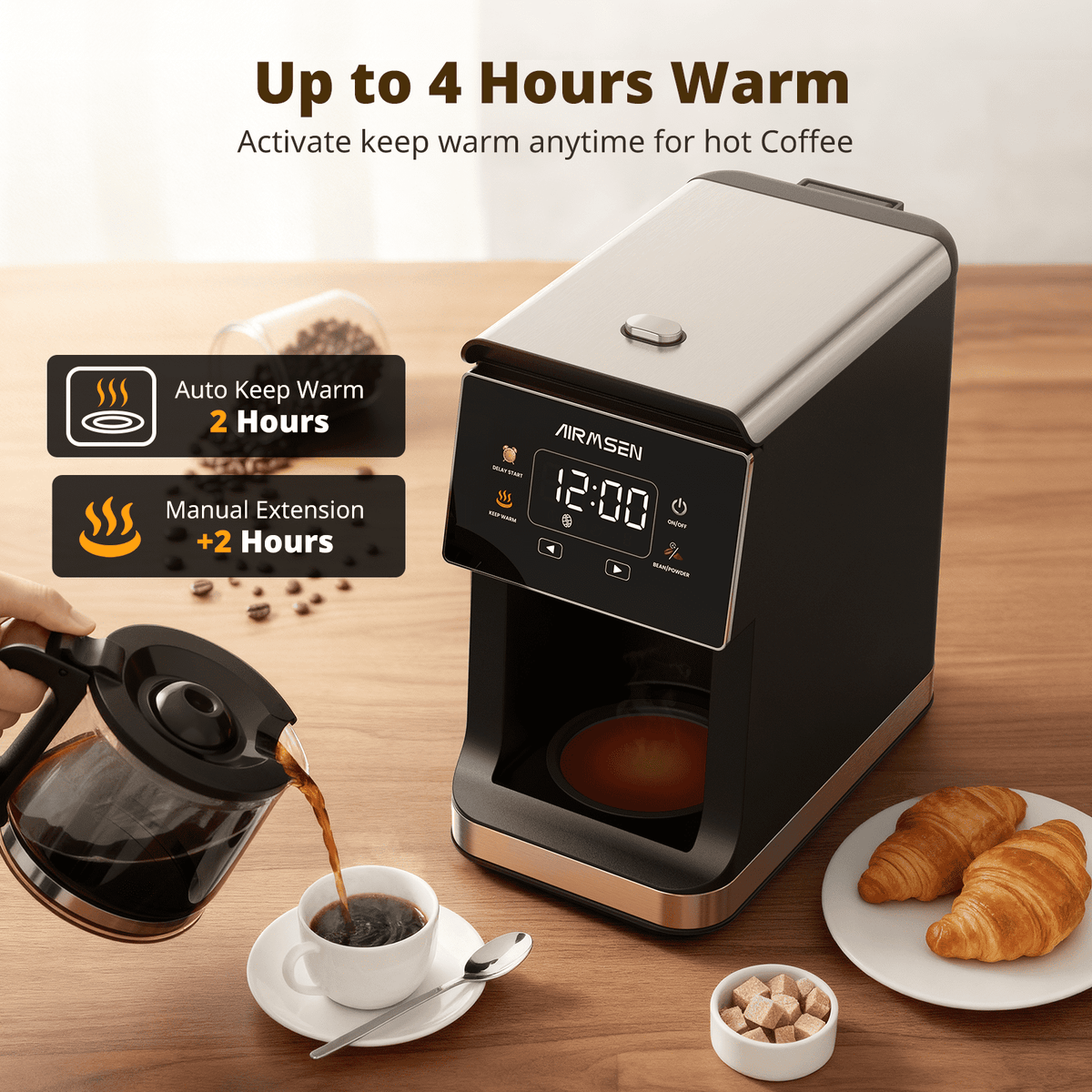 AIRMSEN 2 in 1 Coffee Maker with Grinder, 5-Cup Grind and Brew Coffee Pot, Programmable Coffee Machine, 3 Grind Settings, Up to 4-Hour Keep Warm & 24-Hour Delay Brew