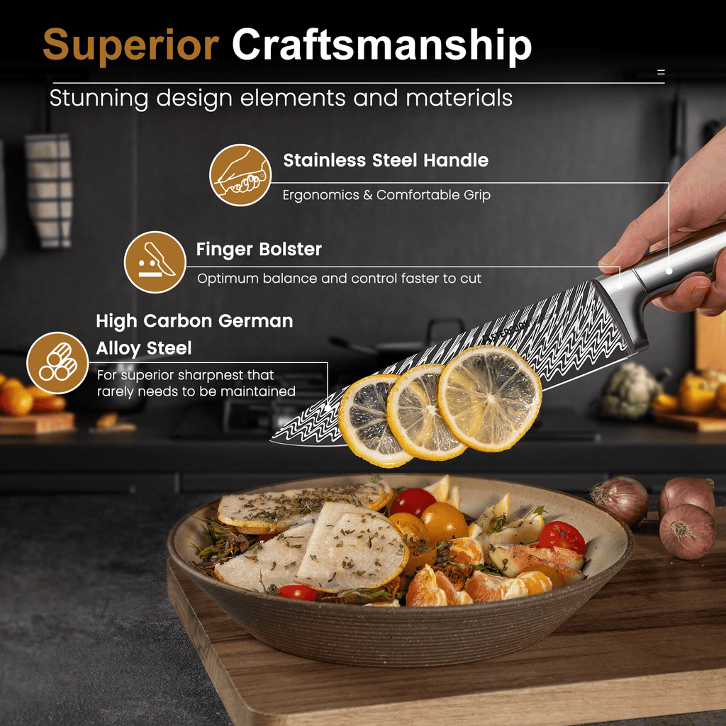 Astercook 14 Piece Kitchen Knife Set with Block and Built-in Sharpener, Full Tang Knives Sets German Stainless Steel, Dishwasher Safe Silver
