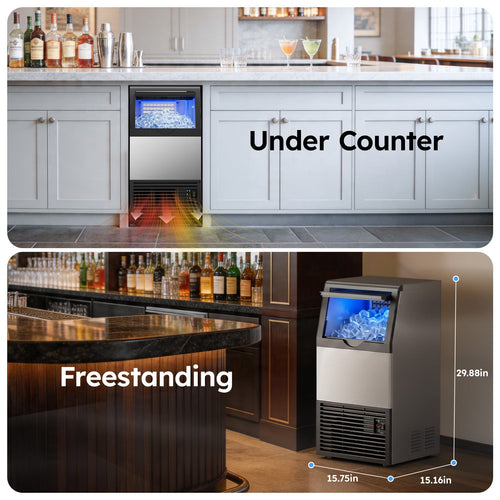 Ecojoy Commercial Ice Maker Machine, 150 Lbs/Day Stainless Steel Under Counter Ice Maker, 40Lbs Ice Storage Bin, Water Filter, 45 Cubes in 8-12 Mins