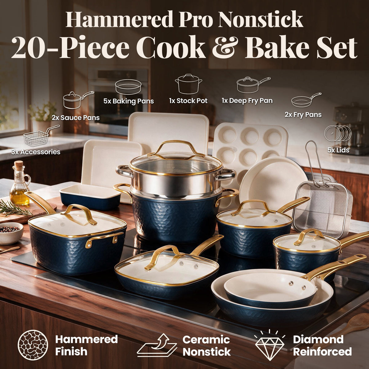 Gotham Steel Hammered 20 Pc Ceramic Cookware Set Nonstick, Induction Pots and Pans Set, Non Toxic Cookware Sets, Oven & Dishwasher Safe, Copper