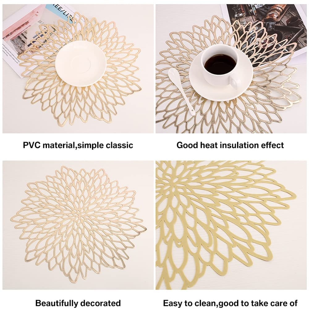 Vinyl Placemats Non-Slip Washable Heat Resistant Round PVC Table Mats for Morden Kitchen Dining Table Wedding,Gold