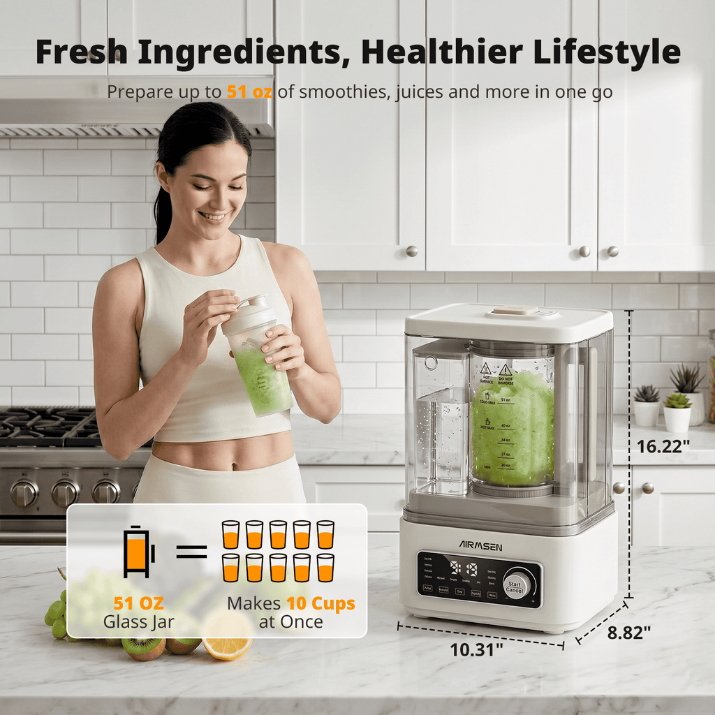 AIRMSEN 9-in-1 Blender for Kitchen, Professional Hot & Cold Blender for Smoothies, Soup, Soy Milk & Nut Milk, 51 oz Glass Jar, Independent Water Tank