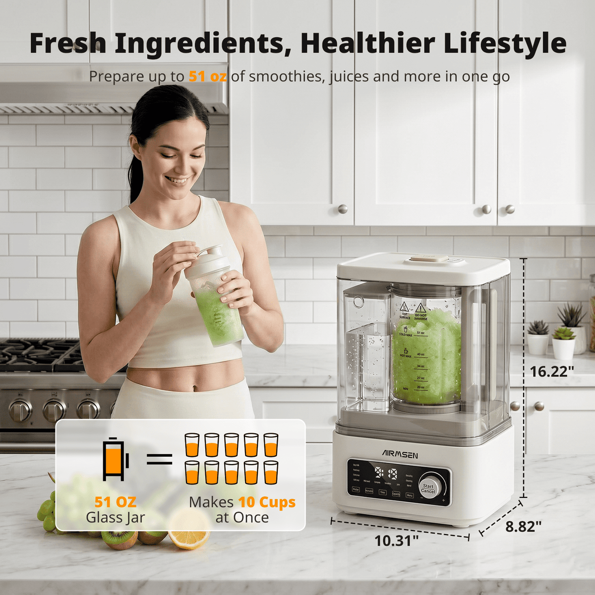AIRMSEN 9-in-1 Blender for Kitchen, Professional Hot & Cold Blender for Smoothies, Soup, Soy Milk & Nut Milk, 51 oz Glass Jar, Independent Water Tank