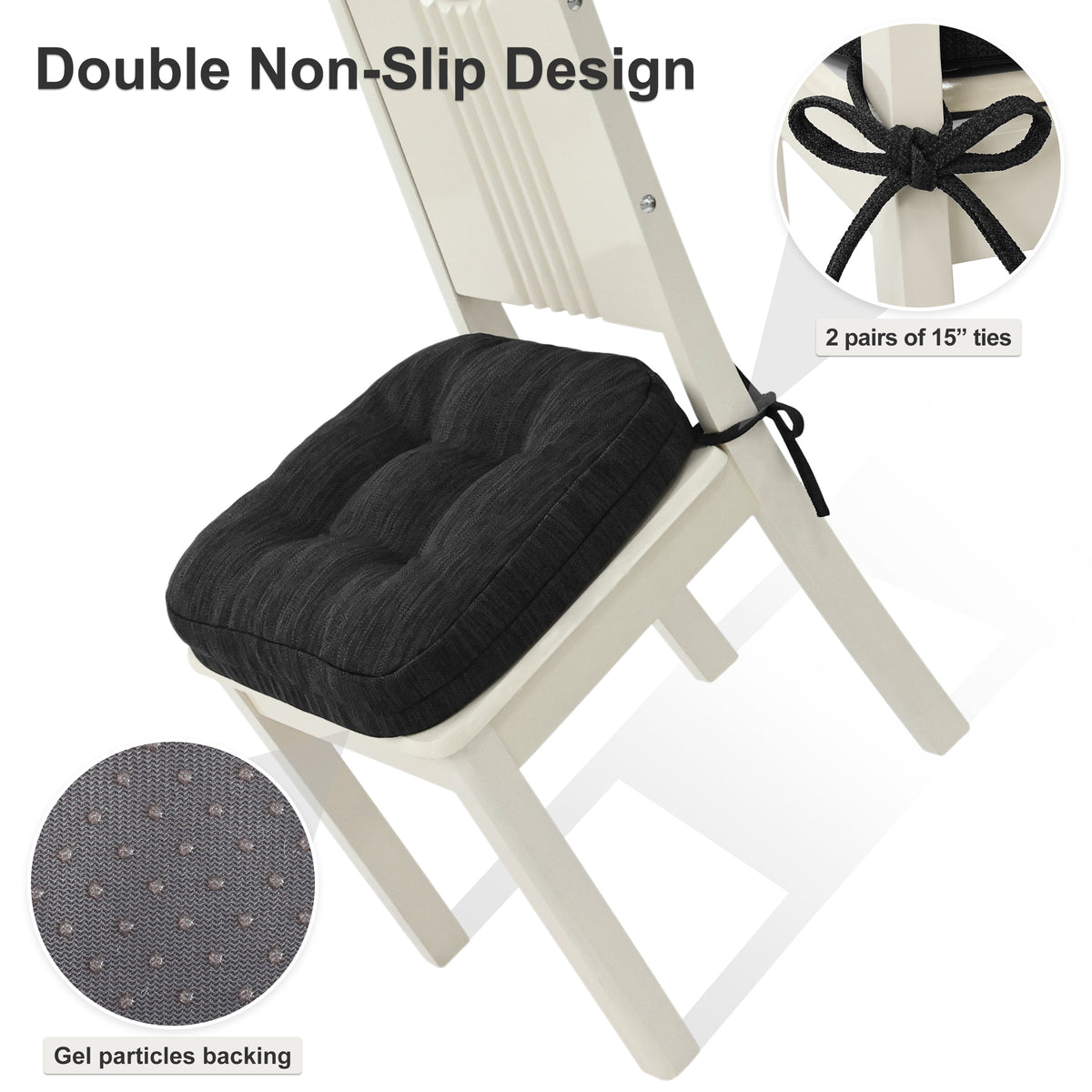 Baibu Dining Chair Cushions Set of 4, Dual Layer Memory Foam Seat Pads with Non-Slip Bottom and Ties, 16.5 x 16.5 x 3.5 inches, Black