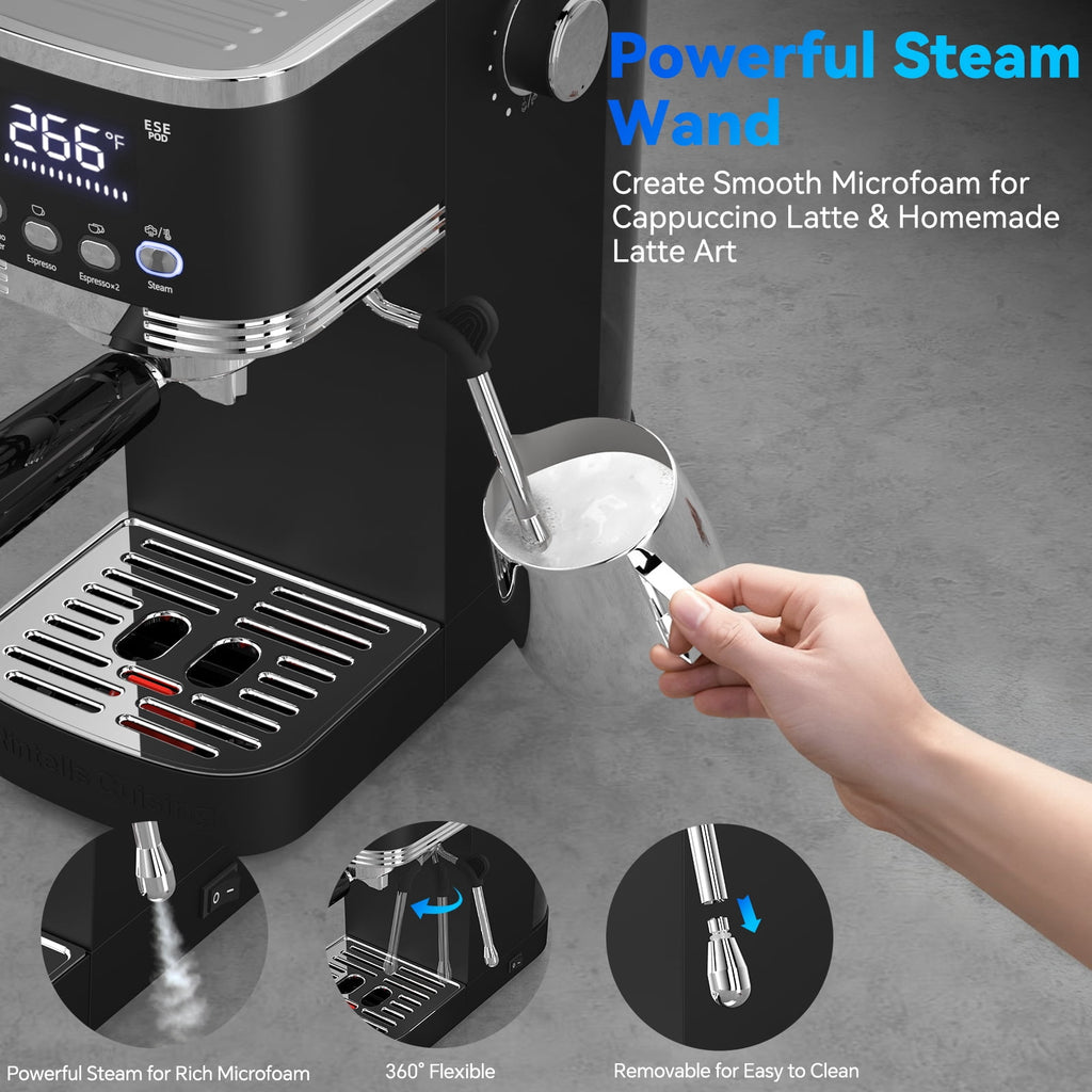 URintells Cuising 20 Bar Espresso Machine with Milk Frother, 1350W Coffee Maker for Americano, Cappuccino, Latte, Stainless Steel