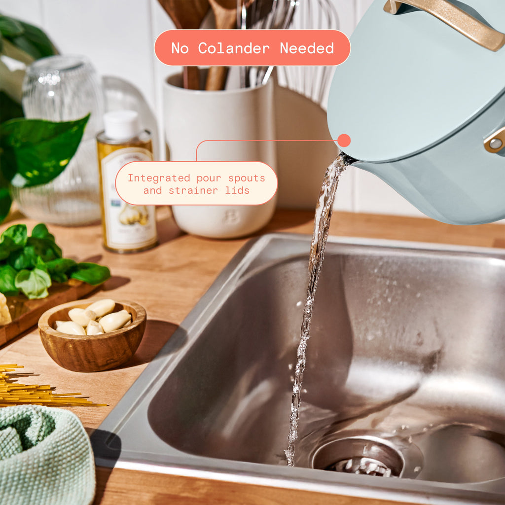 Beautiful 12-Piece Cookware Set, Pots and Pans with Strainer Lids and EverGood Ceramic Nonstick Coating, White Icing by Drew Barrymore