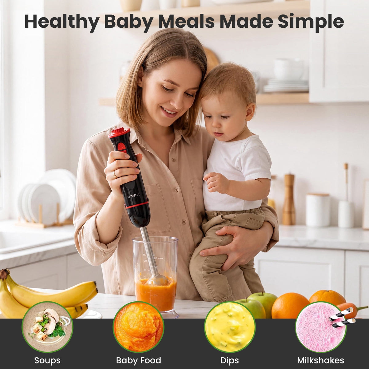 VAVSEA Immersion Blender, 1100W 5-in-1 Hand Blender, 24-Speed Stick Blender for Small Kitchen, Splash-Resistant Handheld Blender Mixer with Turbo Mode for Smoothies, Baby Food, Black