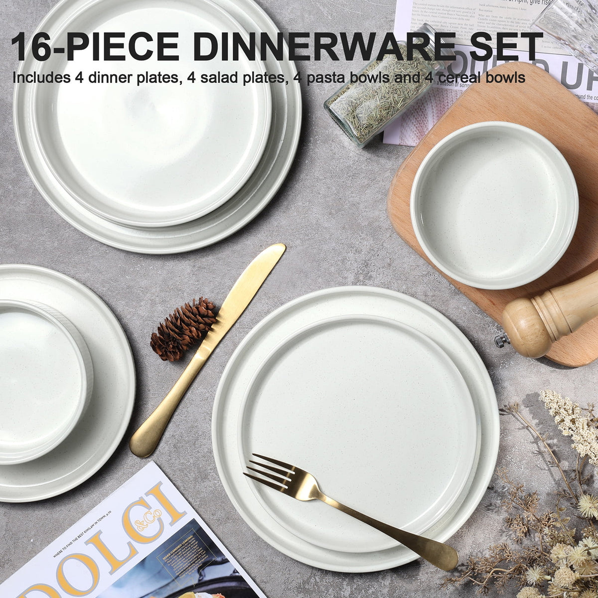 Vesteel 12 Pieces Dinnerware Set for 4, Premium Stoneware Ribbed Dishes, Chip & Scratch Resistant Plates and Bowls Set for Home Restaurant, Microwave and Dishwasher Safe - Speckled White