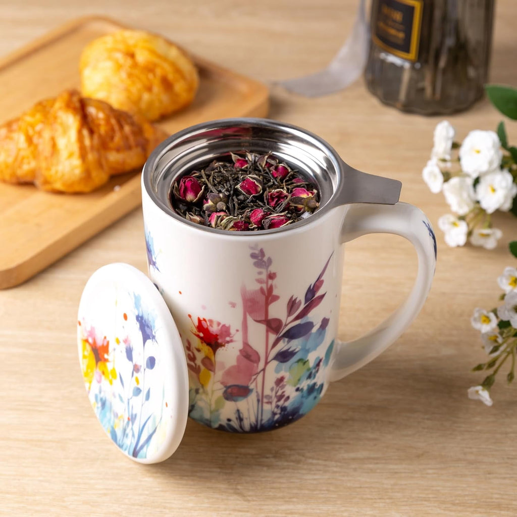 AmorArc Porcelain Tea Mug with Infuser and Lids, 18 Oz Cup Strainer Bag Holder for Loose Leaf Tea, Steeping Coffee Well-wrapped Box House-warming Wedding Birthday Gift, YelloRed