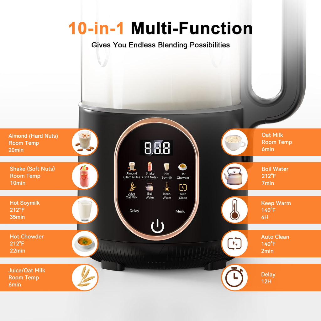 Luxmo 50oz Automatic Nut Milk Maker, Homemade Hot Soy Milk Almond Cow Maker Machine, 10-in-1 Plant-Based & Dairy-Free Beverage Oat Milk Maker with Delay Start, Keep Warm, Boil Water(1500ML)
