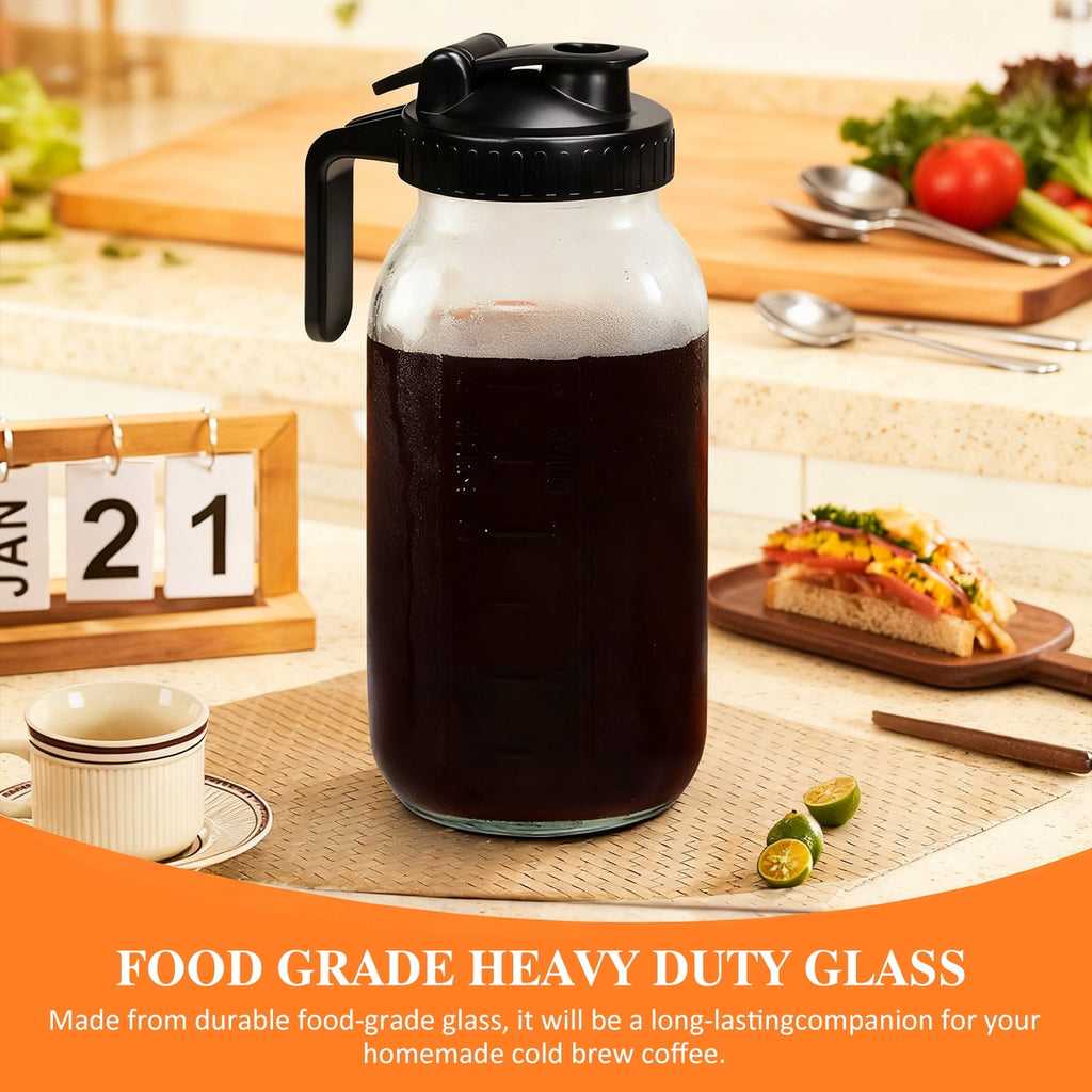 TINANA 64oz Wide Mouth Mason Jar Pitcher with Handle & Flip Lid, Heavy Duty Glass Cold Brew Coffee Maker, Airtight Leak-Proof Pitcher for Iced Tea, Juice, Lemonade
