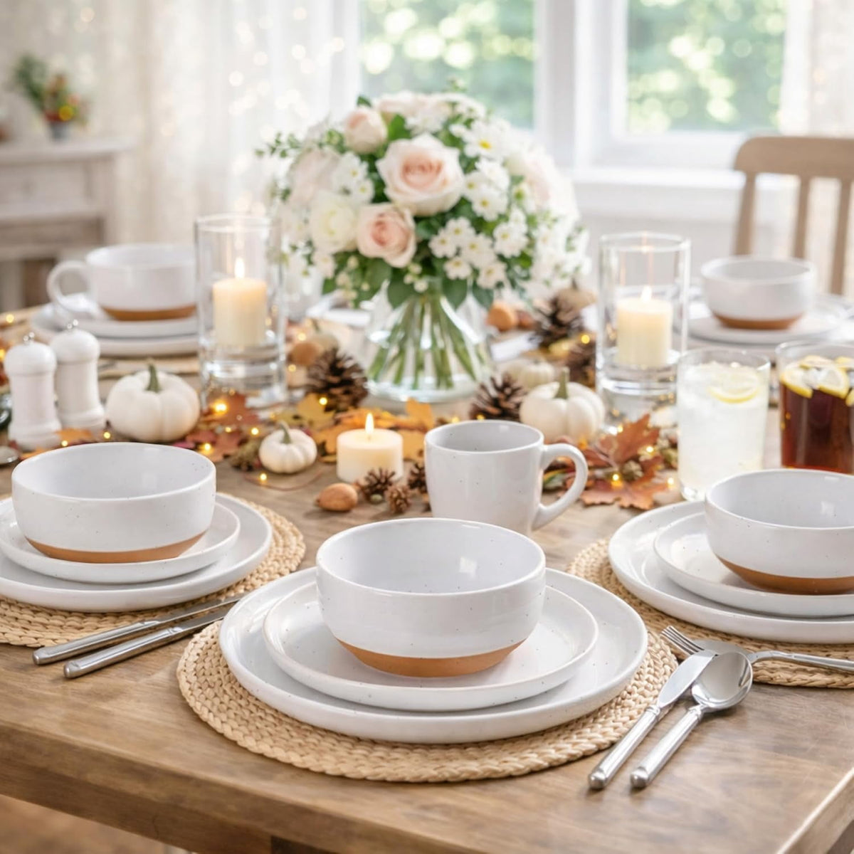 AmorArc Ceramic Dinnerware Sets for 4, 12 Pieces Handpainted Plates and Bowls Set with Rustic Terracotta Underside, Scratch Resistant Stoneware Dishes Set, Dishwasher & Microwave Safe,Light Beige