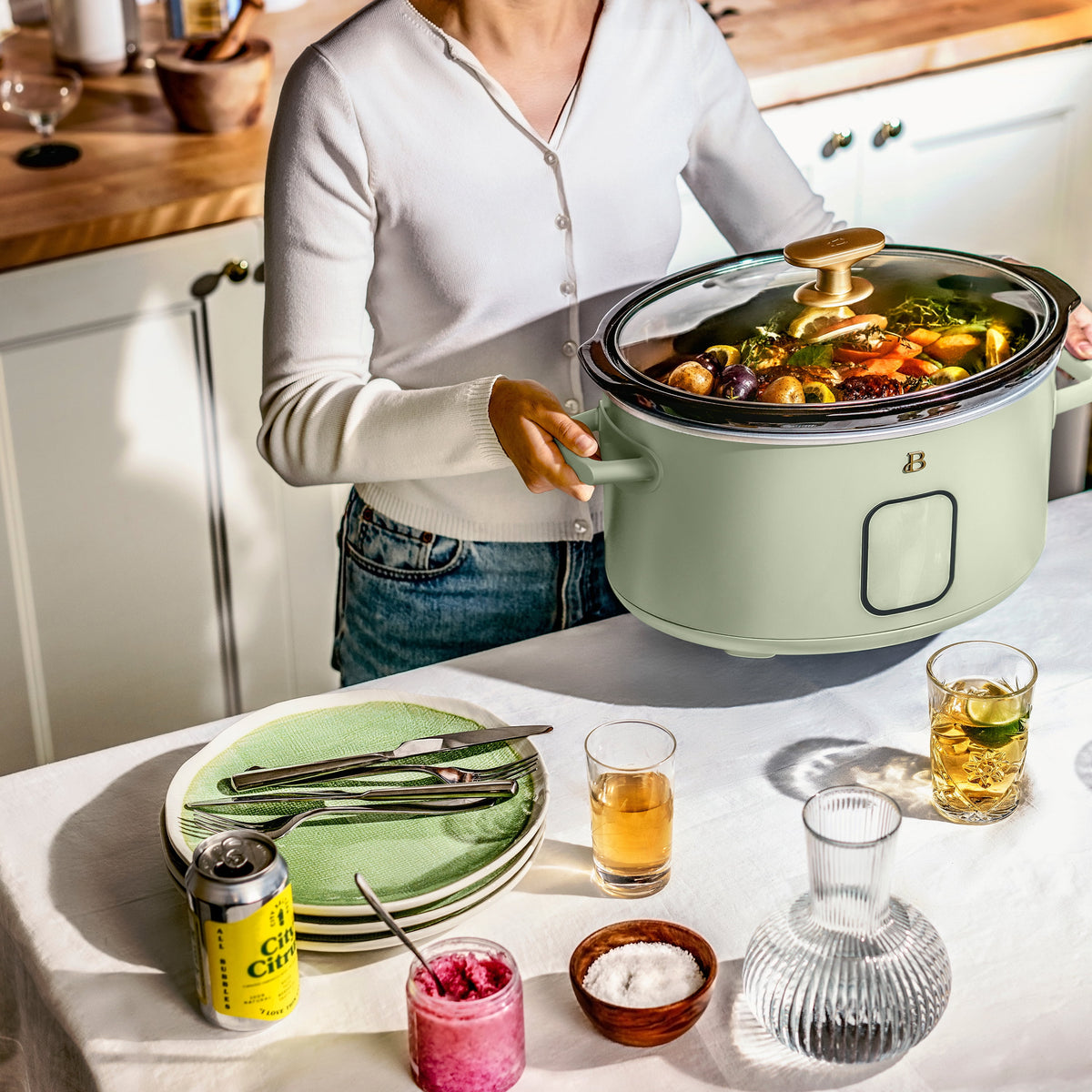 Beautiful 6 Qt Programmable Slow Cooker, Thyme Green by Drew Barrymore
