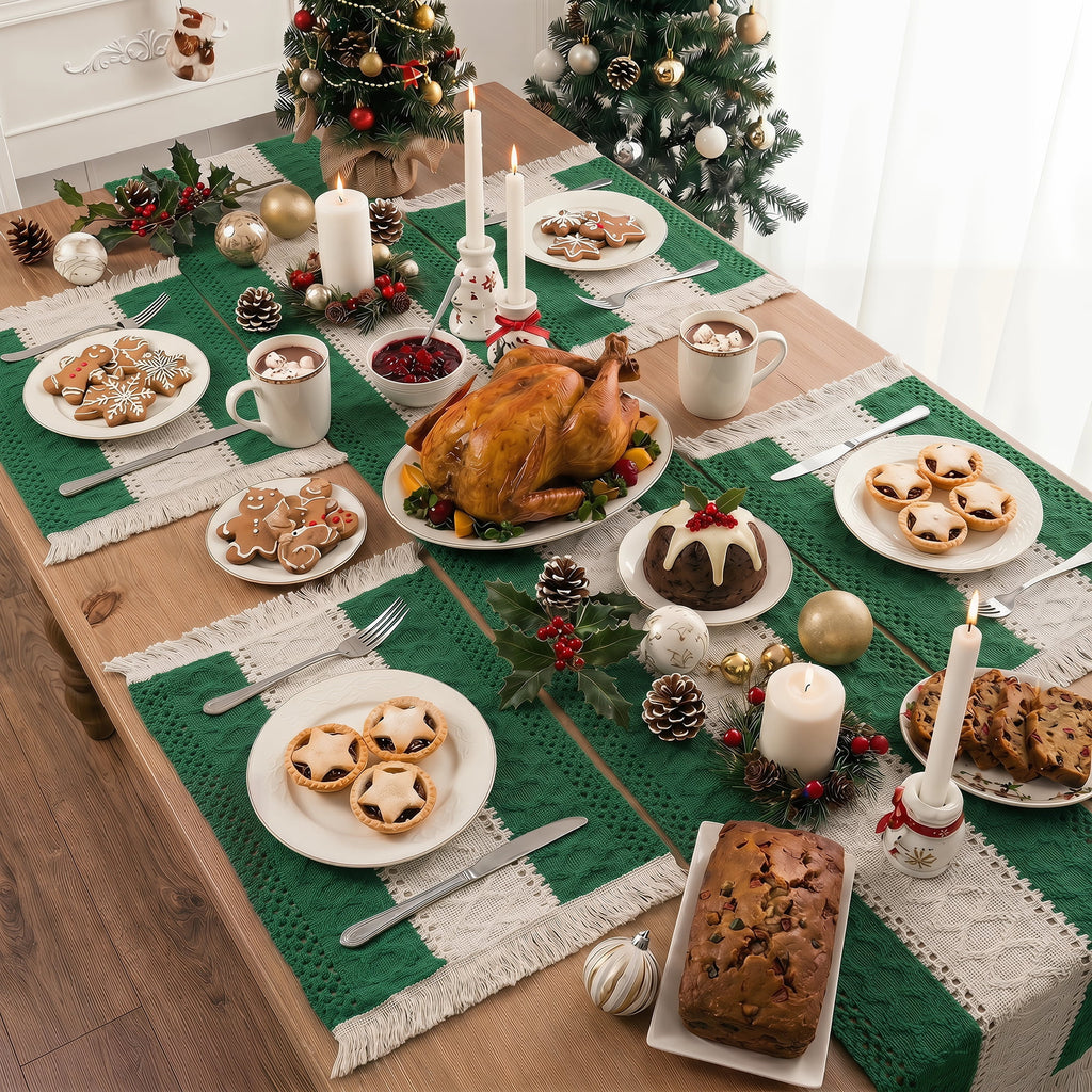 MeyJey Table Runner and Placemats Set of 4, Washable Fabric Rectangle Dining Table Mats with Tassels for Dining Tables, Kitchen, Red/Beige