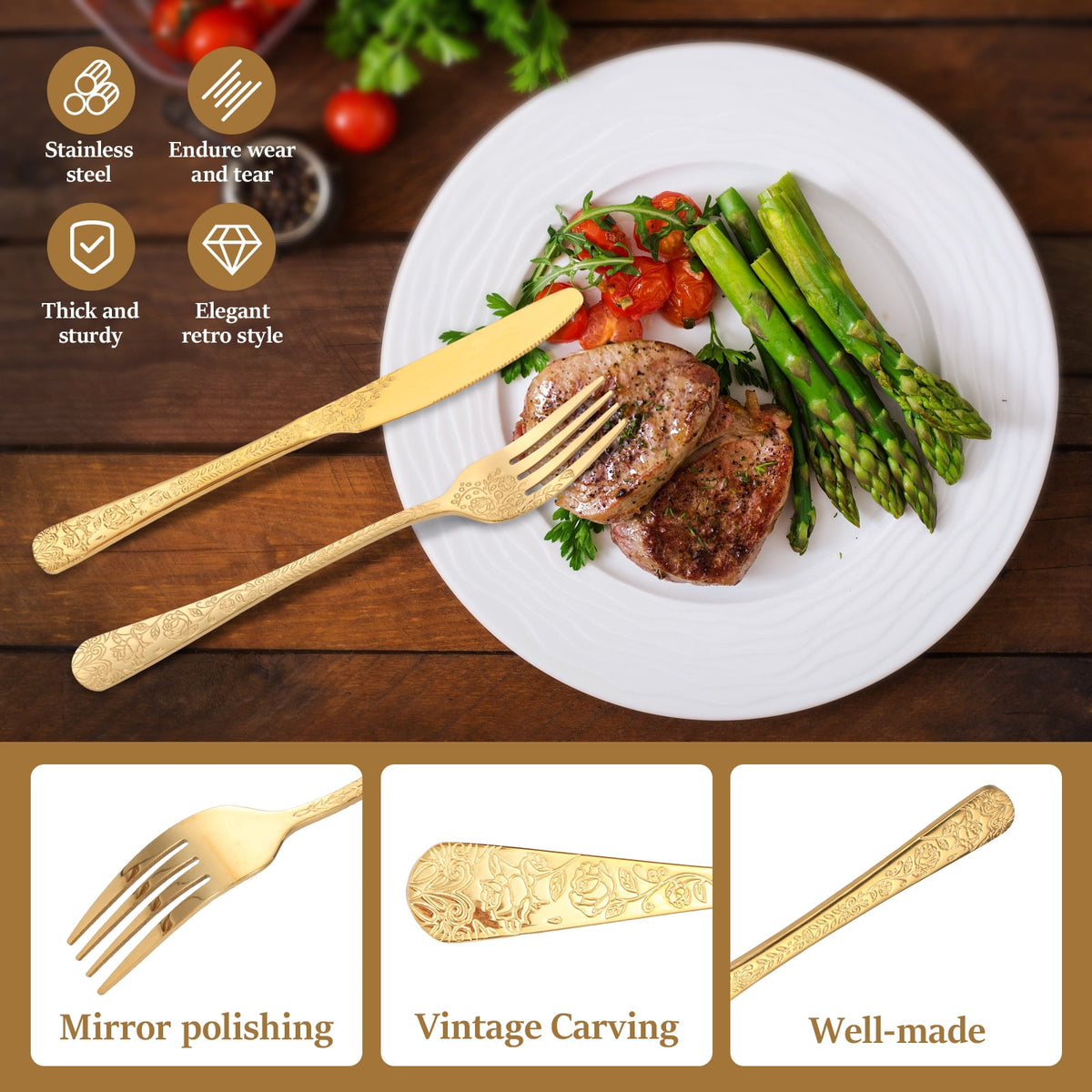 20 Pcs Floral Silverware Set Including Fork Spoon and Knife Stainless Steel Flatware Set Vintage Cutlery Set Mirror Polished Utensil Set for Kitchen Dishwasher Safe Service for 4
