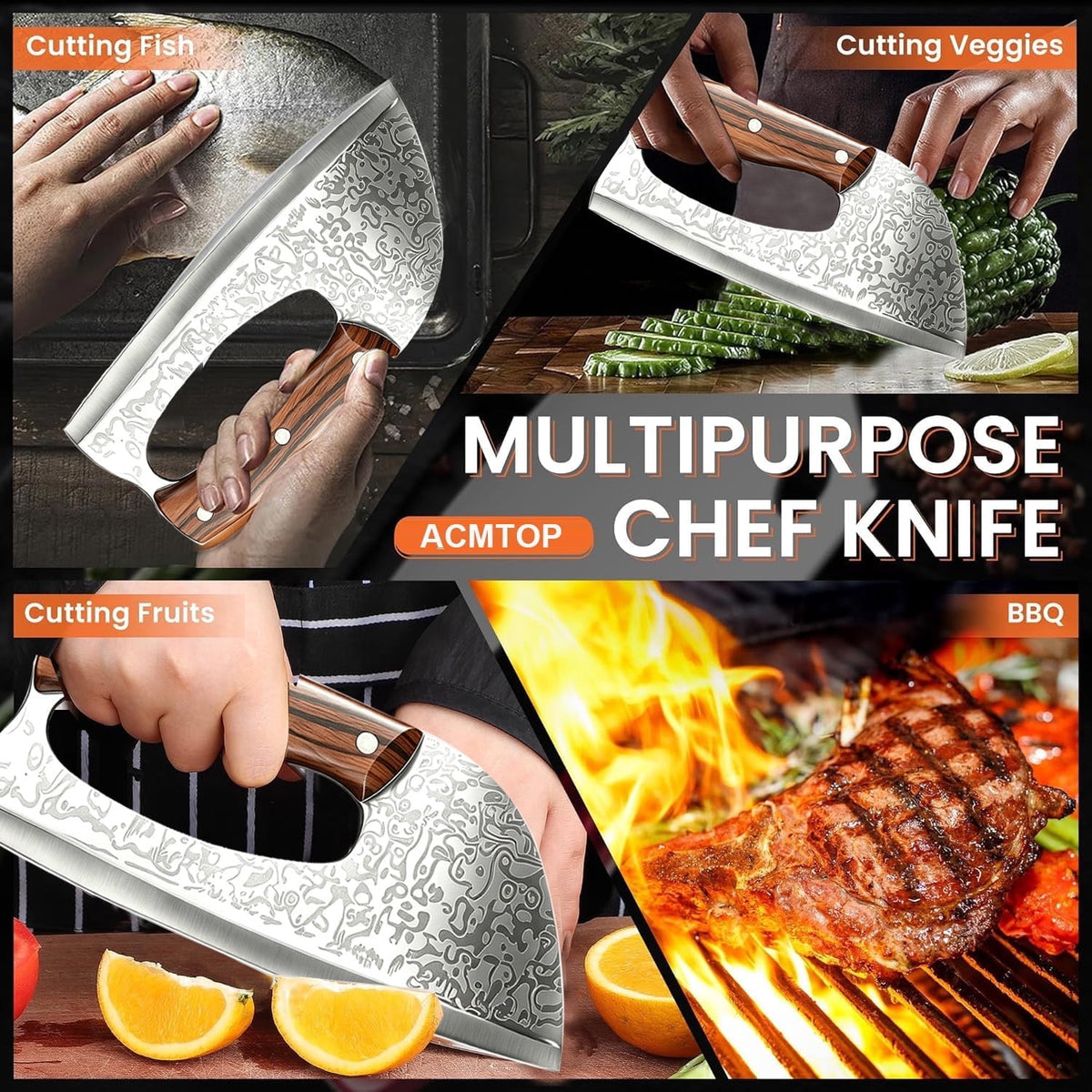 ACMETOP Kitchen Knife Meat Cleaver Knife Unique Ergonomic Handle Professional Stainless Steel Butcher Knife for Meat Vegetable