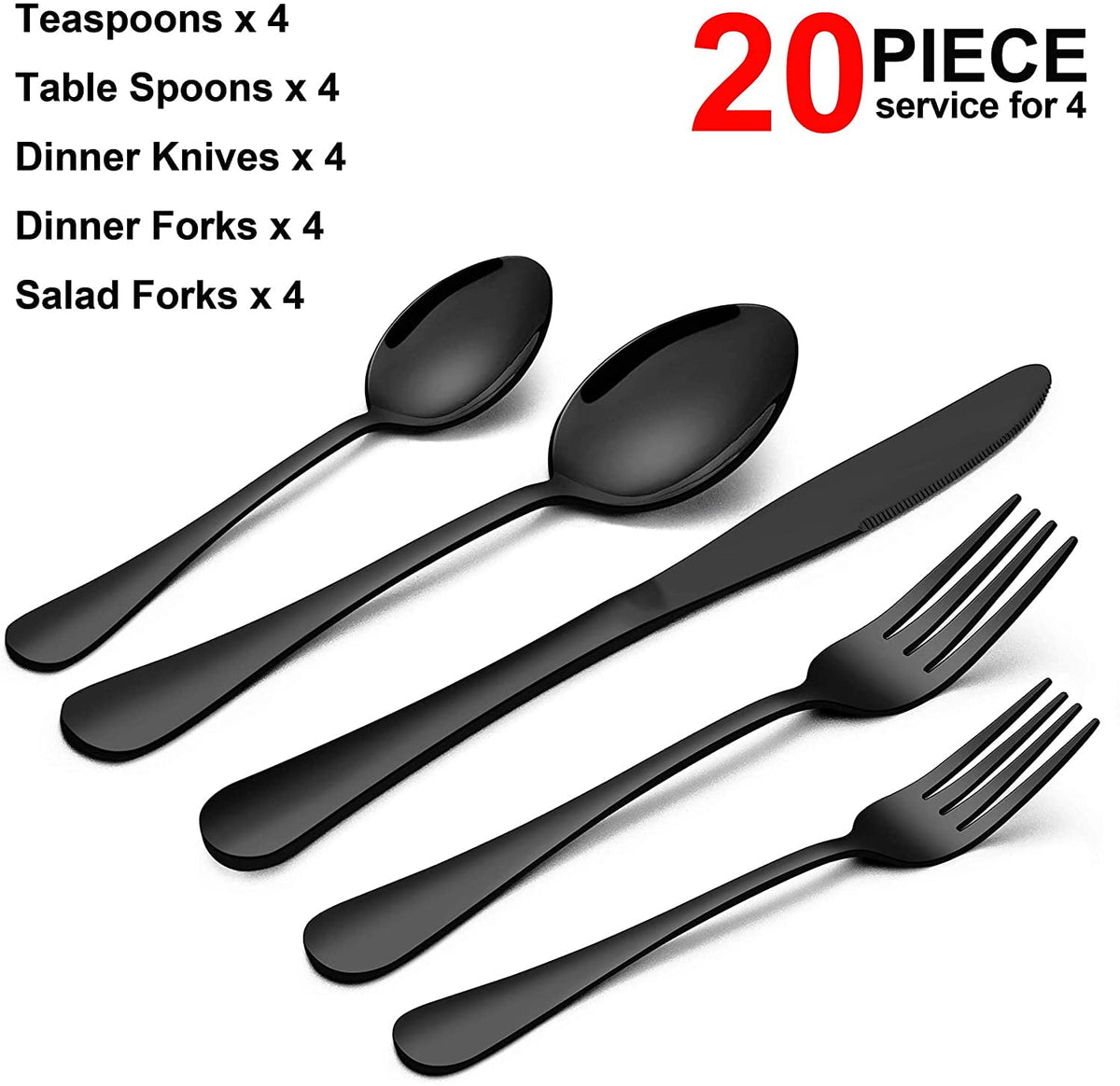 Black Silverware Set, Vesteel 20 Piece Stainless Steel Flatware Cutlery Set for 4, Mirror Finish, Dishwasher Safe