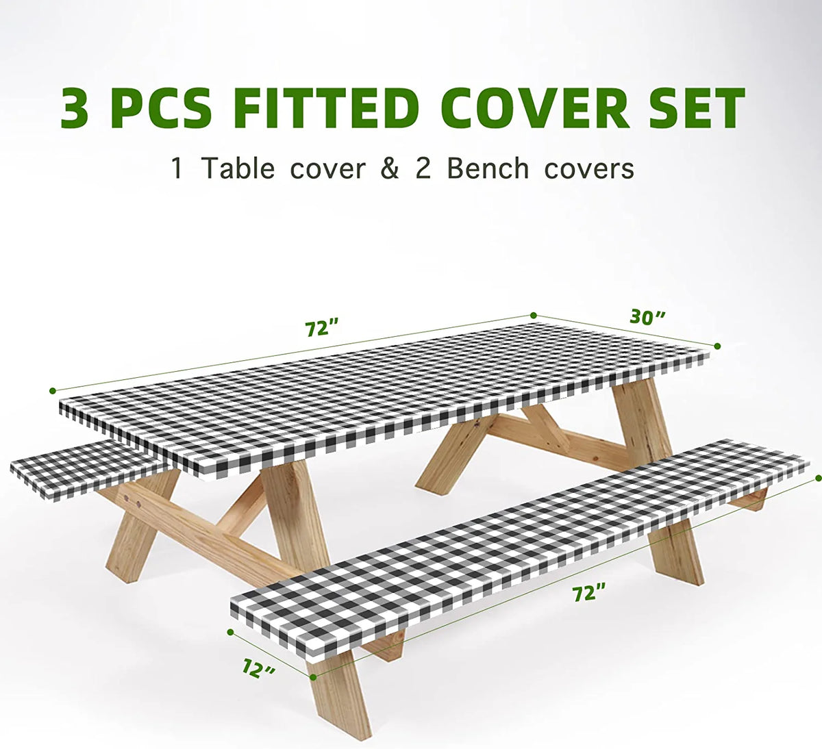UMINEUX 3-Piece Rectangle Checkered Picnic Table Cover with Bench Covers Vinyl Flannel Backing with Elastic Edge (30"x72", Black and White)