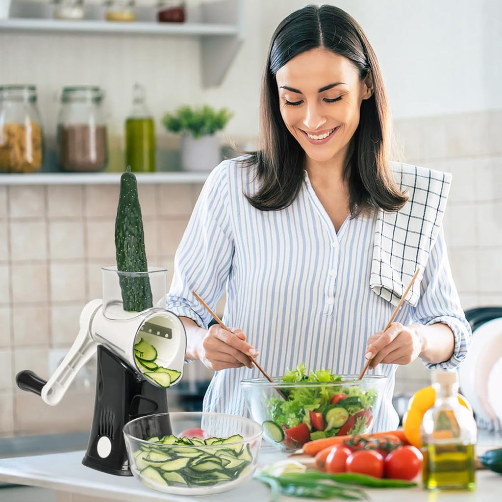 Premium Rotary Cheese Grater, Manual Cheese Grater for Kitchen, Handheld Vegetables Slicer Cheese Shredder with Rubber Suction Base, 3 Stainless Drum Blades Included,Blue