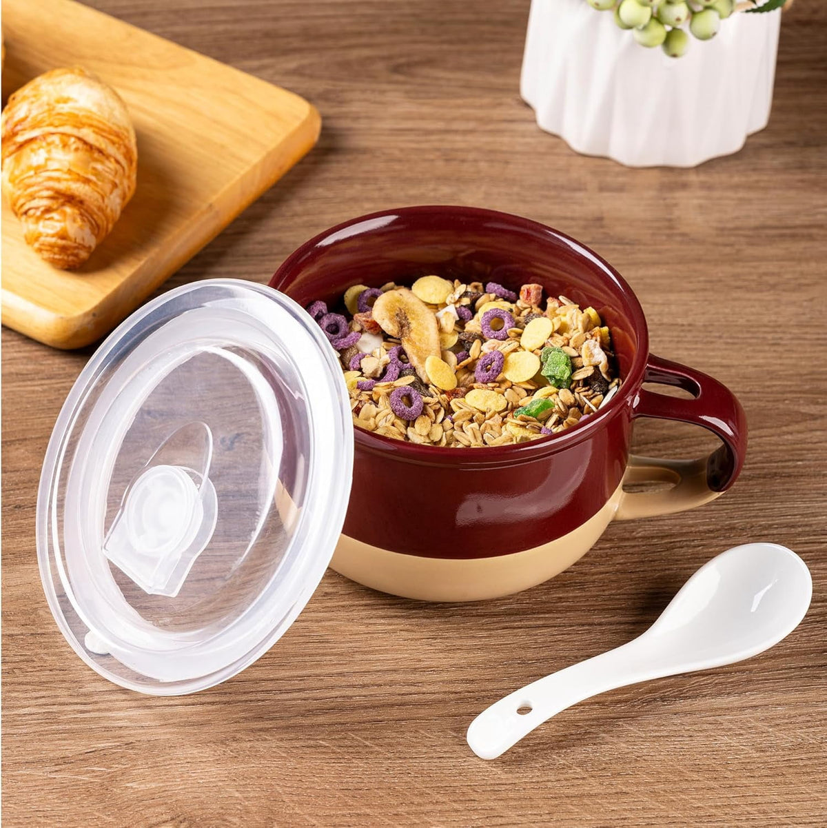 AmorArc Ceramic Soup Mugs with Handles and Lids,24 OZ Soup Cups Set of 2 with Terracotta Underside,Mug Bowls with Spoon for Soup/Cereal/Salad/Noodles/Ramen/Microware &Dishwasher Safe-White &Peach