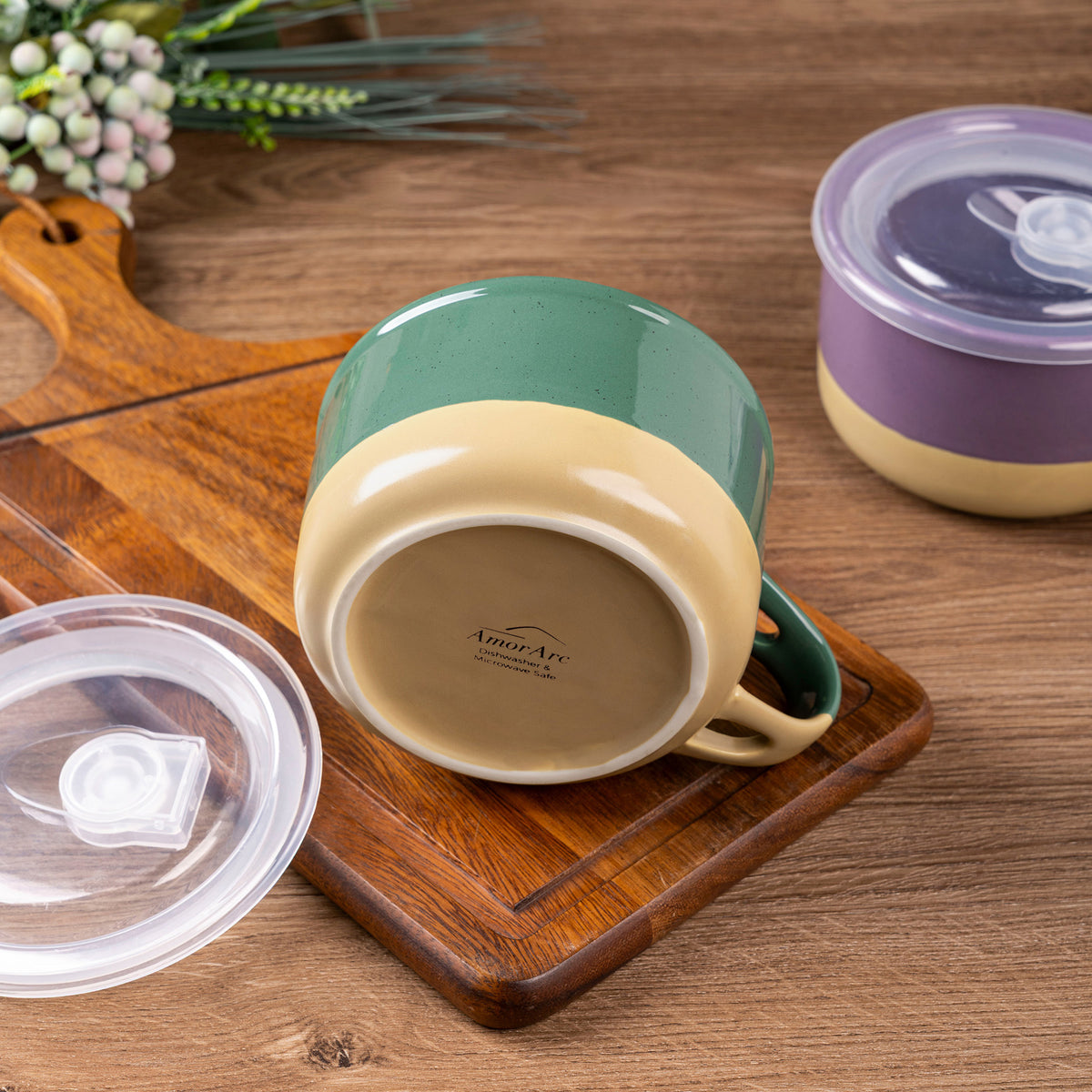 AmorArc Ceramic Soup Mugs with Handles and Lids,24 OZ Soup Cups Set of 2 with Terracotta Underside,Mug Bowls with Spoon for Soup/Cereal/Salad/Noodles/Ramen/Microware &Dishwasher Safe-White &Peach