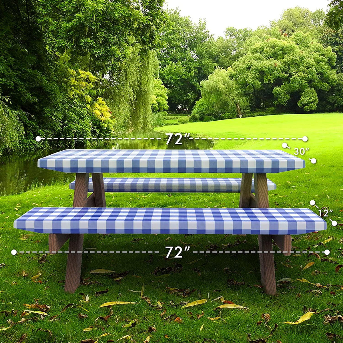UMINEUX 3-Piece Rectangle Checkered Picnic Table Cover with Bench Covers Vinyl Flannel Backing with Elastic Edge (30"x72", Black and White)