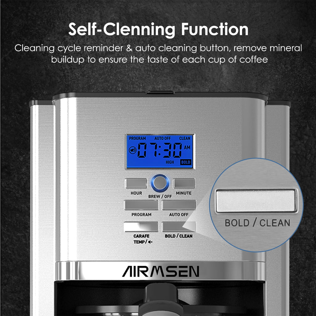 AIRMSEN Stainless Steel 12 Cup Drip Coffee Maker, Programmable Coffee Machine Self-Cleaning