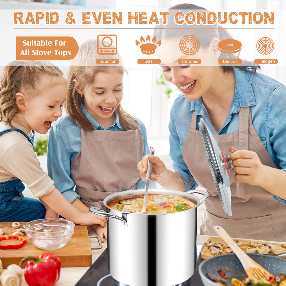 Coliware 8 QT Stainless Steel Stock Pot with Glass Lid, Cooking Soup Pot with 3-Ply Whole Clad for