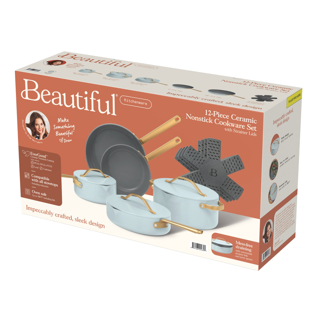 Beautiful 12-Piece Cookware Set, Pots and Pans with Strainer Lids and EverGood Ceramic Nonstick Coating, White Icing by Drew Barrymore