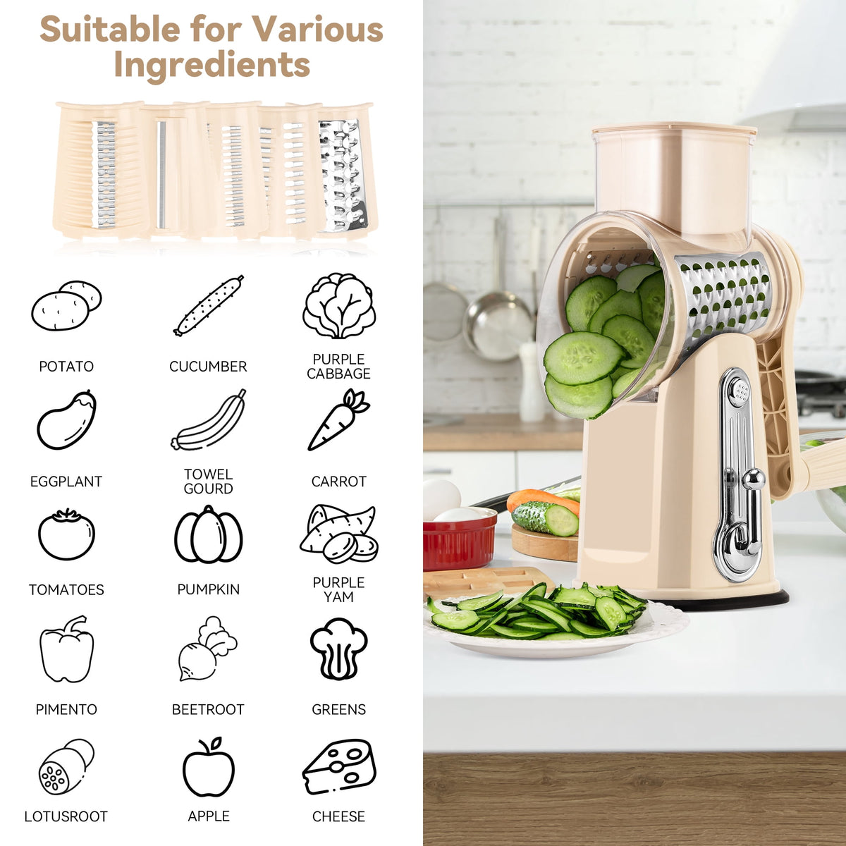 Pukomc Rotary Cheese Grater with Handle- 5 Blades, Suction Base, Mandoline Slicer & Veg Shredder with Blade Storage Box(Green)
