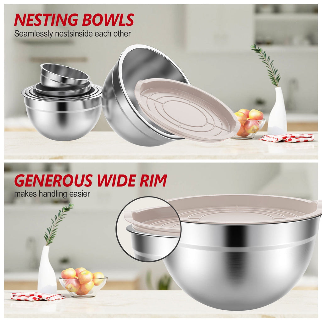 Stainless Steel Mixing Bowls Set, TINANA 6 Pack Mixing Bowls with Lids, Metal Nesting Storage Bowls for Kitchen, 4.5/3/2.5/2/1.5/0.75QT, Great for Prep, Baking, Serving, Multicolor