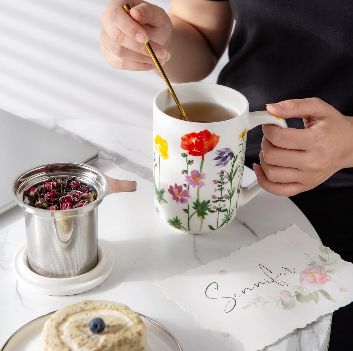 AmorArc Porcelain Tea Mug with Infuser and Lids, 18 Oz Cup Strainer Bag Holder for Loose Leaf Tea, Steeping Coffee Well-wrapped Box House-warming Wedding Birthday Gift, YelloRed