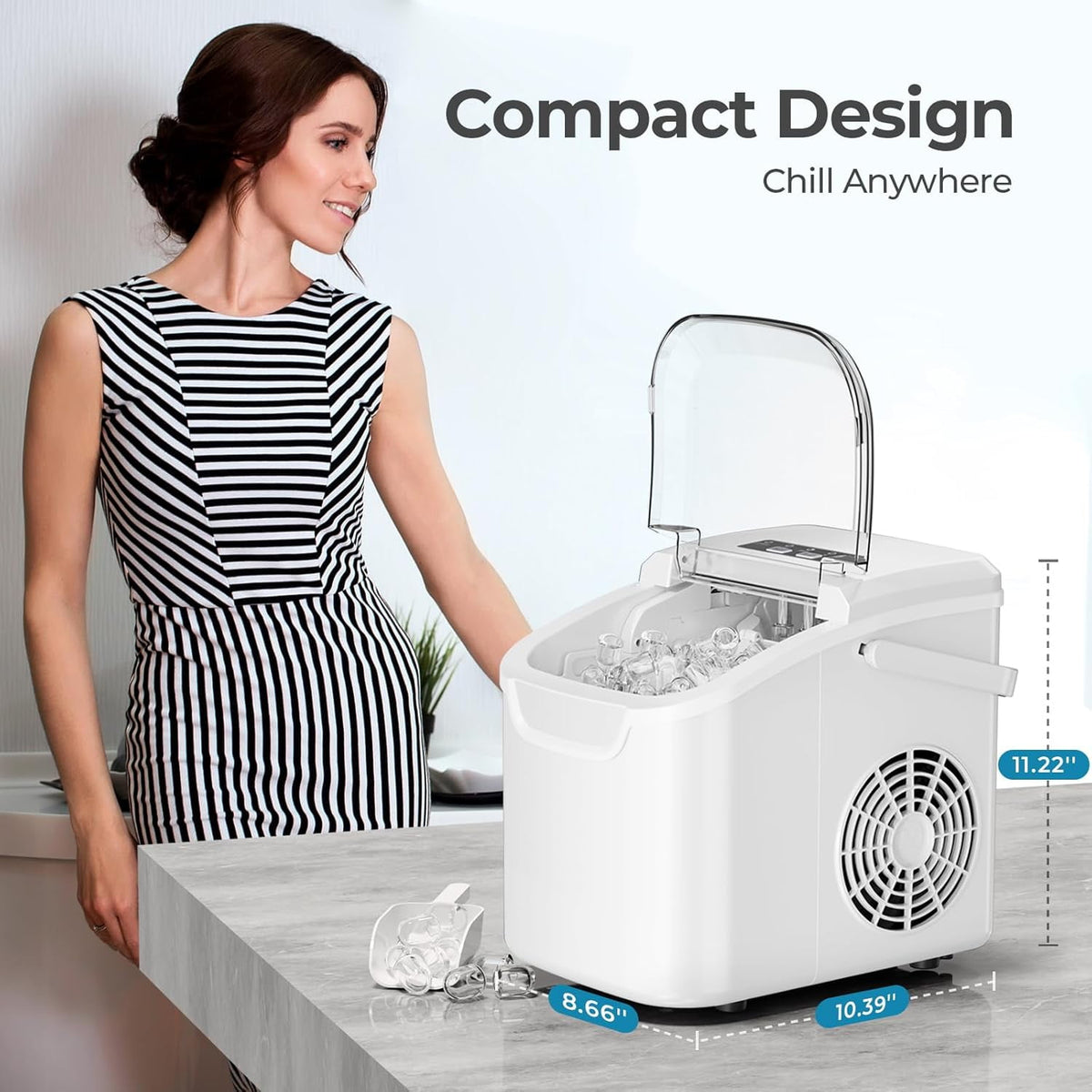 Havato Countertop Ice Maker, 8 Bullet Ice Cubes in 6 Mins, 26lbs/24H, w/ Scoop & Basket, White