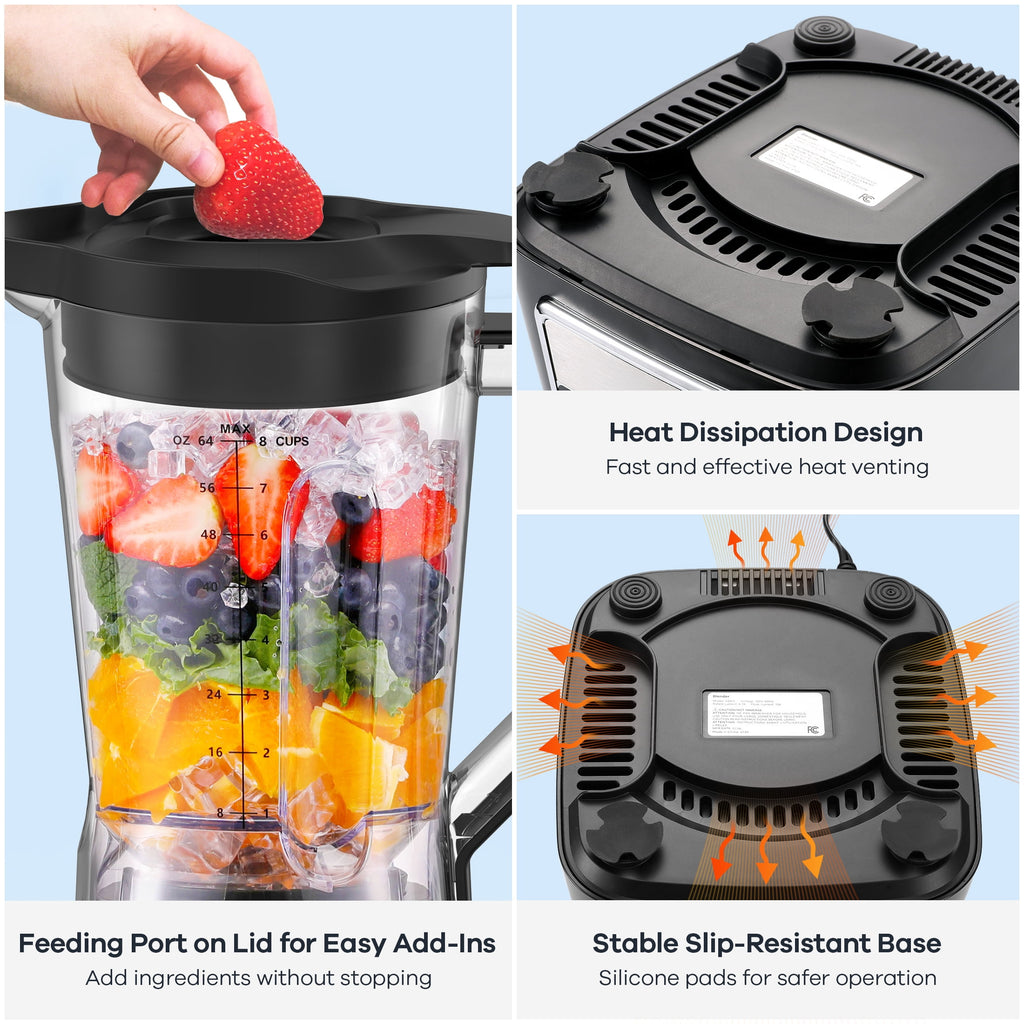 Smoothie Blender for Shakes and Smoothies, 1500W Peak Power Countertop Blender, 64OZ BPA-Free Jar, Crush Ice & Frozen Fruit Without Water, 8 Smart Programs, Includes Recipe Book, Black