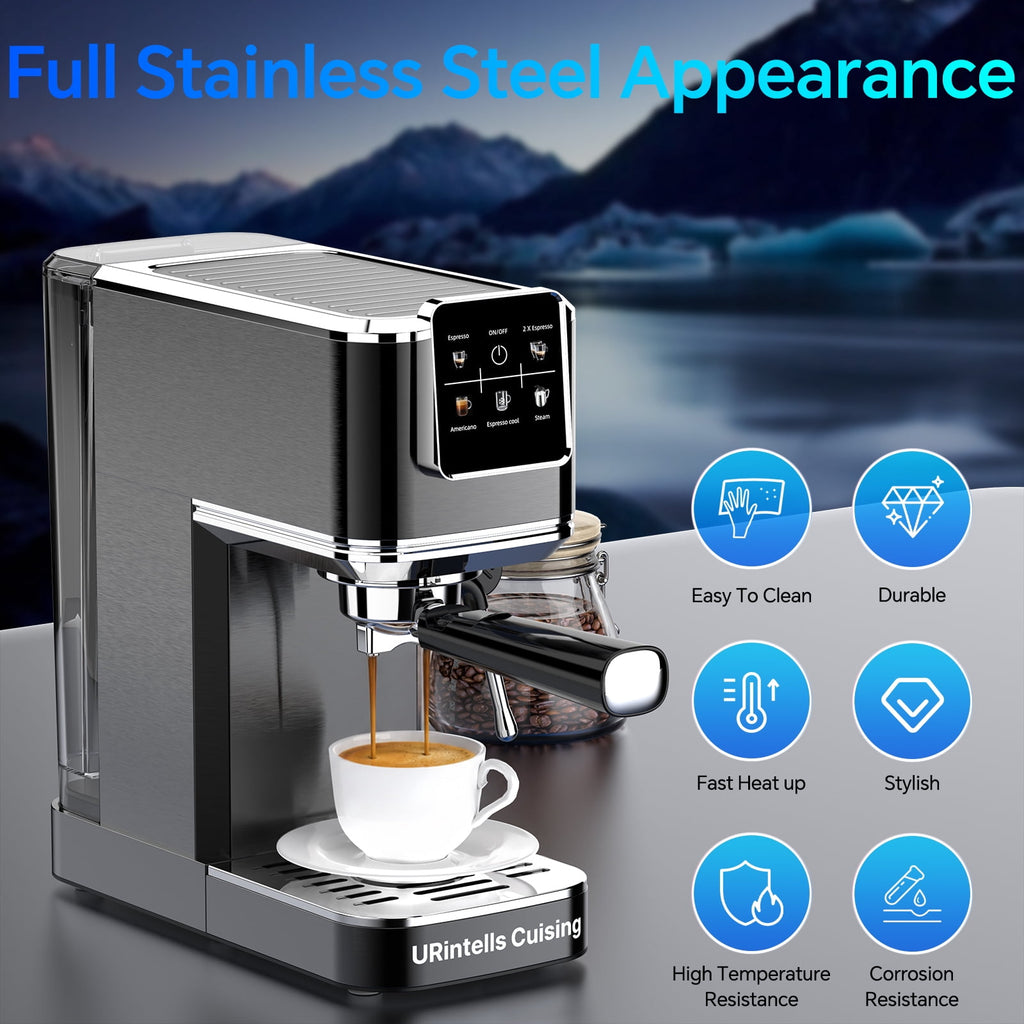 URintells Cuising Espresso Machine, Color Touchscreen, 20 Bar Coffee Maker, Milk Frother, 1350W, Stainless Steel, for Cappuccino Latte, Cold Brew