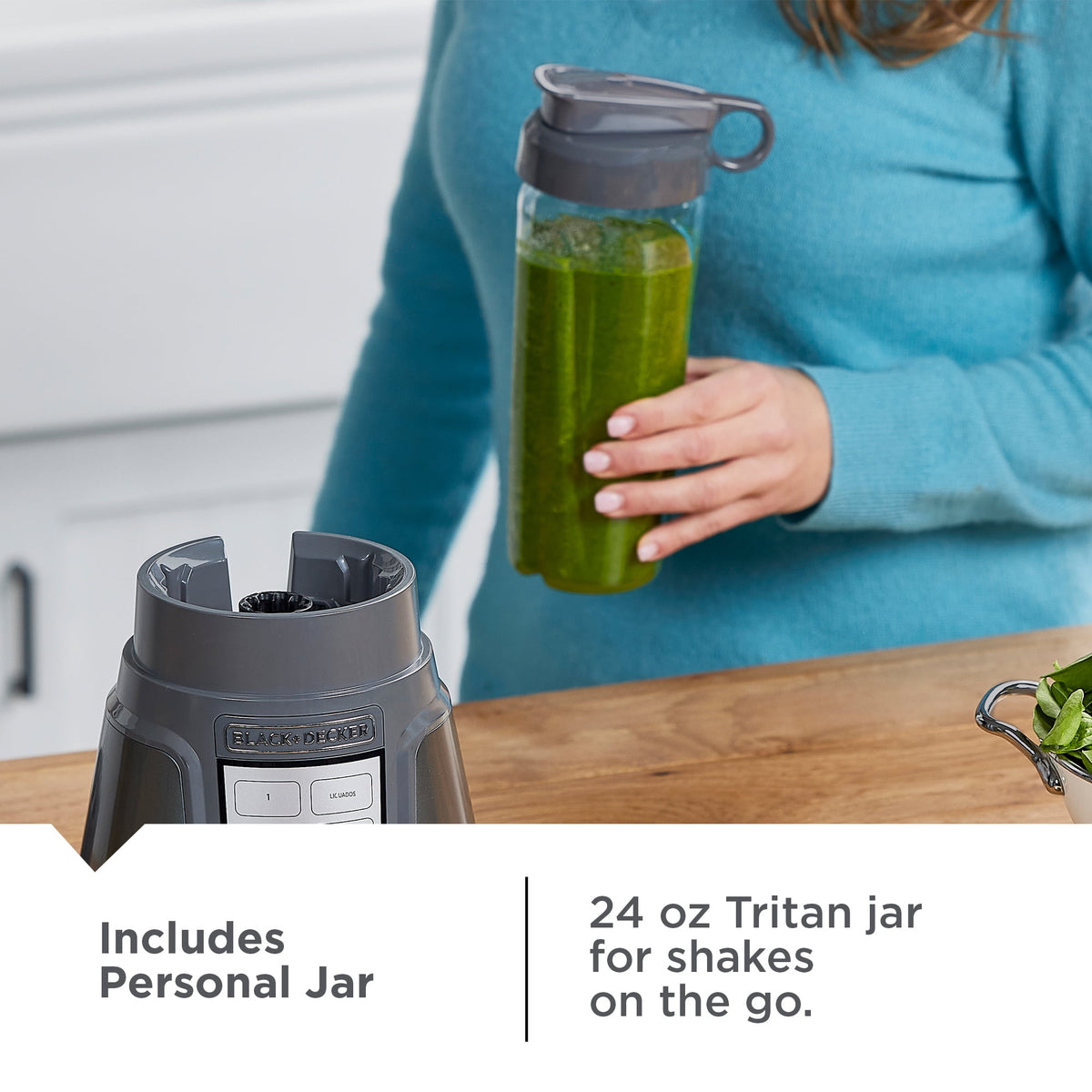 BLACK+DECKER Quiet Blender, 48 oz Glass Jar + 24 oz Personal Jar, 1000W, 3 Speeds