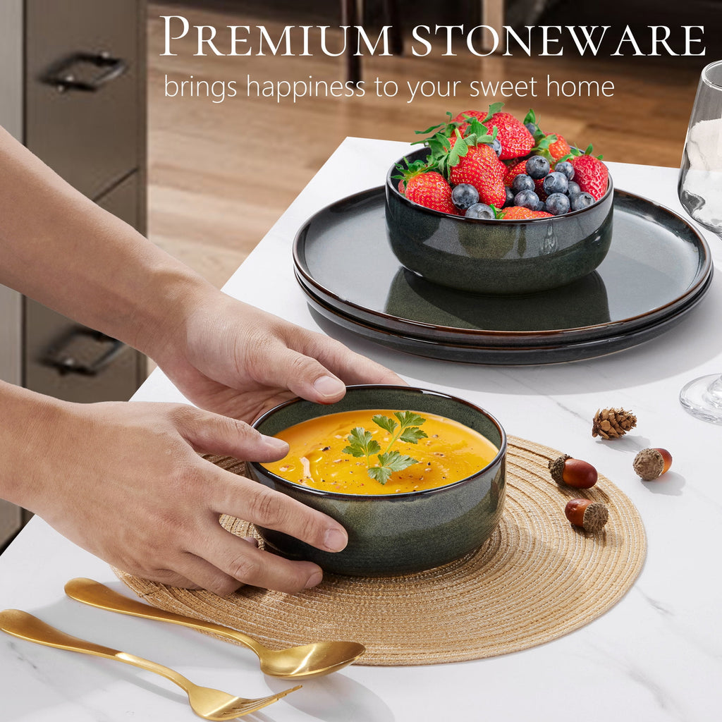 Vesteel Dinnerware Sets for 4, 12-Piece Stoneware Dish and Bowls Set, Handmade Reactive Glaze Coupe Plates Set for Family, Chip & Scratch Resistant - Matte Black
