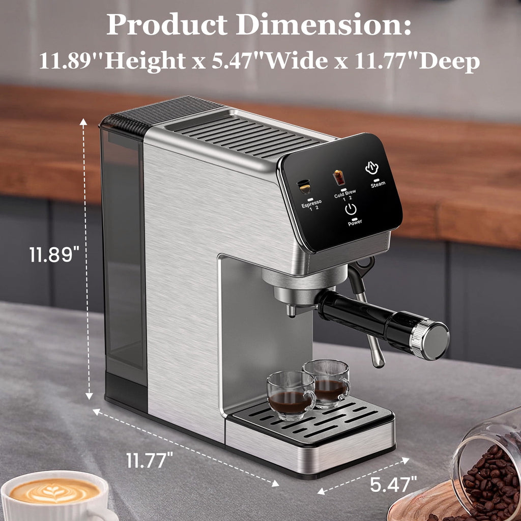 Espresso Machine 20 Bar, Rapid Cold Brew, Stainless Steel Coffee Machine with 40oz Removable Water Tank for Cappuccino, Latte, Silver
