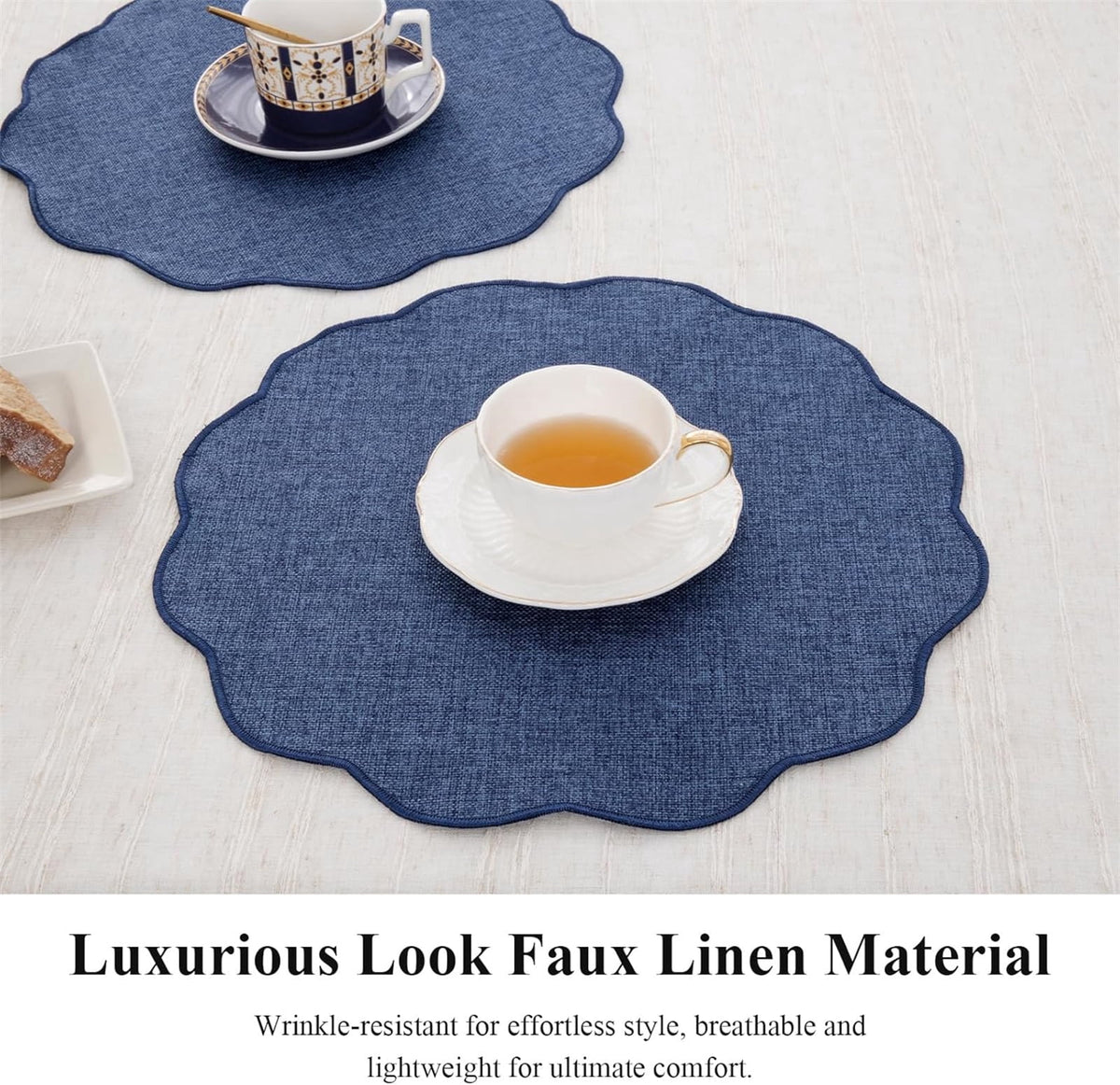 Ileading Scalloped Round Placemats Set of 6 Polyester Linen Blend Washable Non Slip Place Mats Easy Clean Heat Resistant Table Mats for Kitchen Dining Table Decor