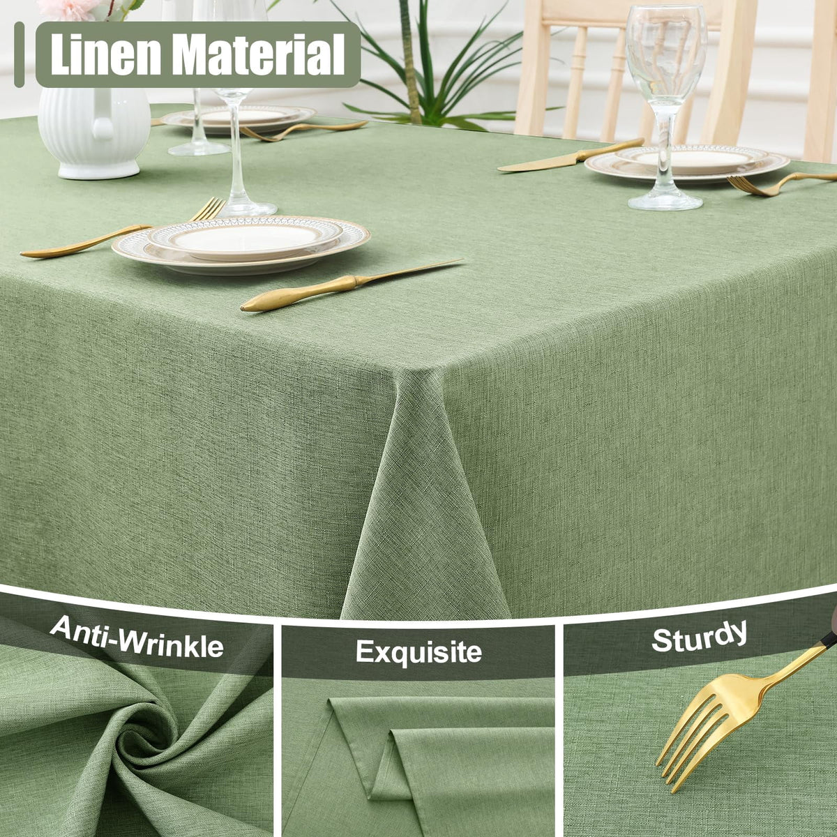 decorUhome Linen Rectangle Tablecloth 52x70 inch, Stain and Wrinkle Resistant Washable Table Cloth, Decorative Waterproof Fabric Table Cover for Dining Party, Sage Green