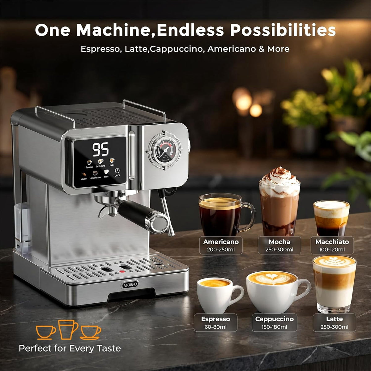 MOEFO 58mm Espresso Machine with Milk Frother, Semi Automatic Coffee Maker with Touchscreen LCD Display & Pressure Gauge, Stainless Steel Espresso Maker for Latte, Cappuccino and Americano, Silver