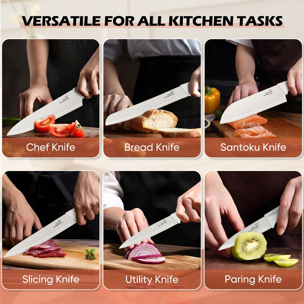 Vesteel Knife Block Set for Kitchen, 15-Piece High Carbon Stainless Steel Knives Set with Ergonomic Handle, Ultra-sharp & Rust Resistant, Walnut Brown
