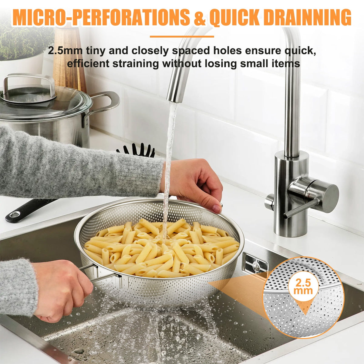VeSteel Colander Set of 3, Stainless Steel Micro-Perforated Colanders Strainers for Draining Rinsing Washing, Ideal for Pasta Vegetables Fruits, Heavy Duty & Dishwasher Safe - 1/3/5 Quart