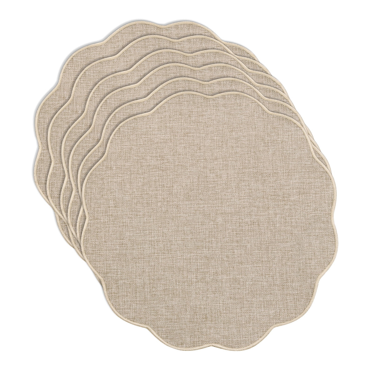Ileading Scalloped Round Placemats Set of 6 Polyester Linen Blend Washable Non Slip Place Mats Easy Clean Heat Resistant Table Mats for Kitchen Dining Table Decor