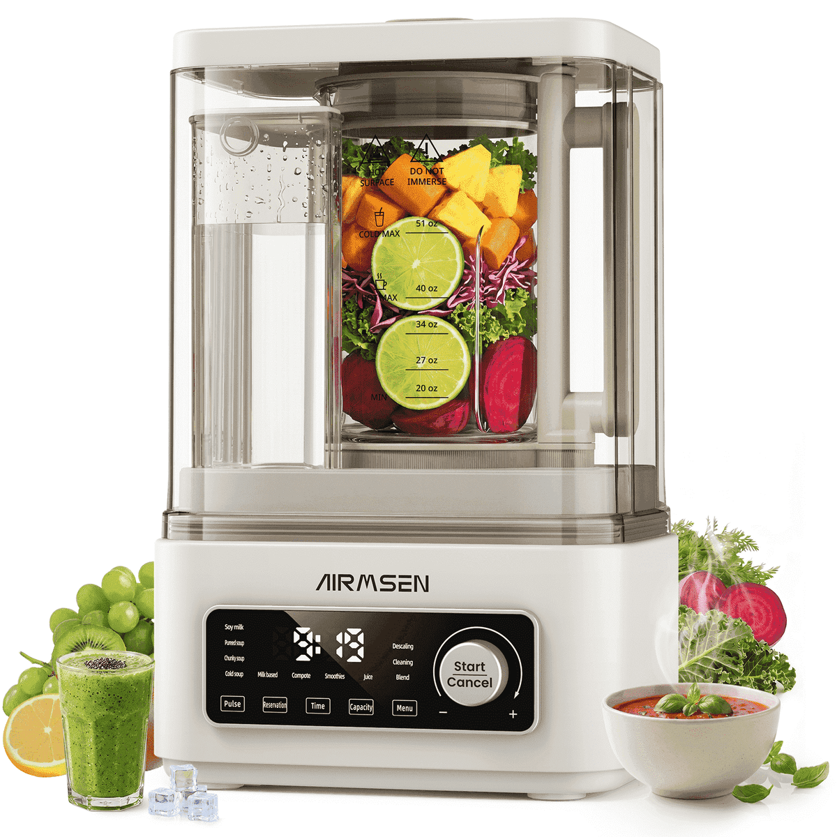 AIRMSEN 9-in-1 Blender for Kitchen, Professional Hot & Cold Blender for Smoothies, Soup, Soy Milk & Nut Milk, 51 oz Glass Jar, Independent Water Tank