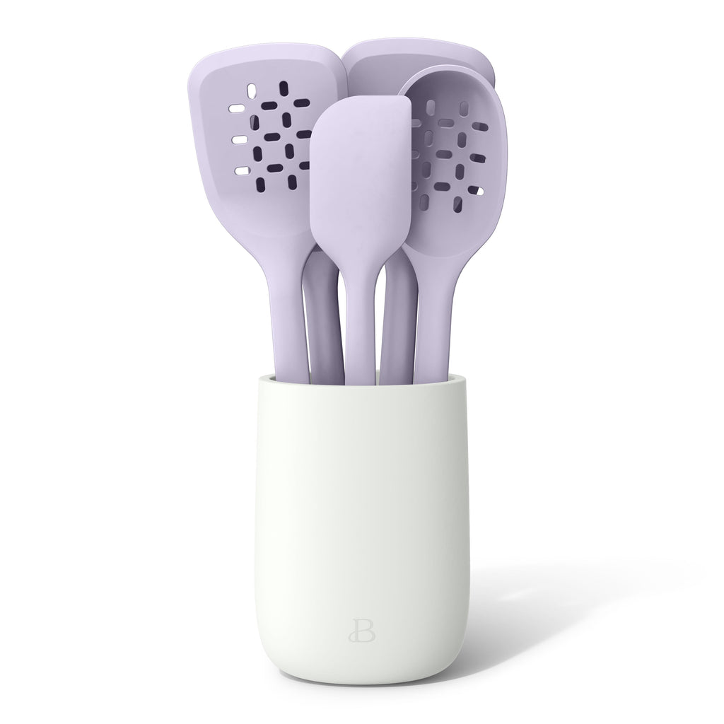 Beautiful 6-Piece Silicone Kitchen Tool Set with Ceramic Crock, Chocolate by Drew Barrymore