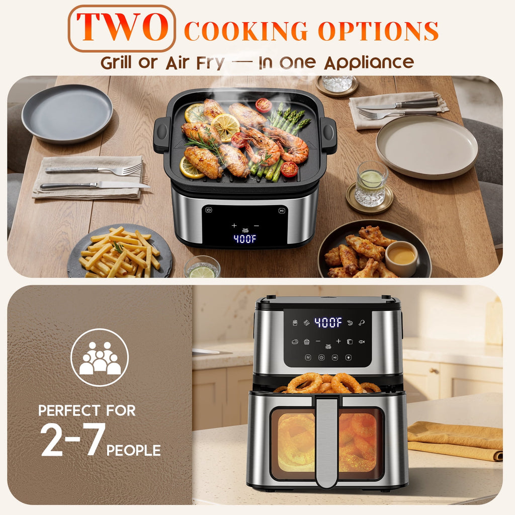 7.5QT 10-in-1 Air Fryer Oven with Grill Plate, LCD Digital Control, Clear-View Window, Air Fryer for Roasting, Baking, Reheating Healthy Meals, Nonstick Basket Air Fryer